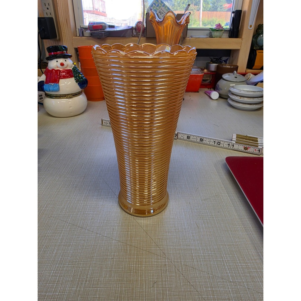 Vintage Marigold Carnival Milk Glass Ribbed Scalloped Trumpet Vase 7.5 Inch